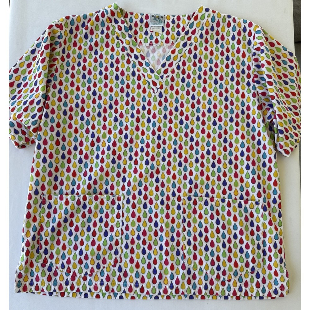 Happy Scrubs Womens‎ Shirt Size Medium  Colored Raindrops Nurse Vet Tech Xray